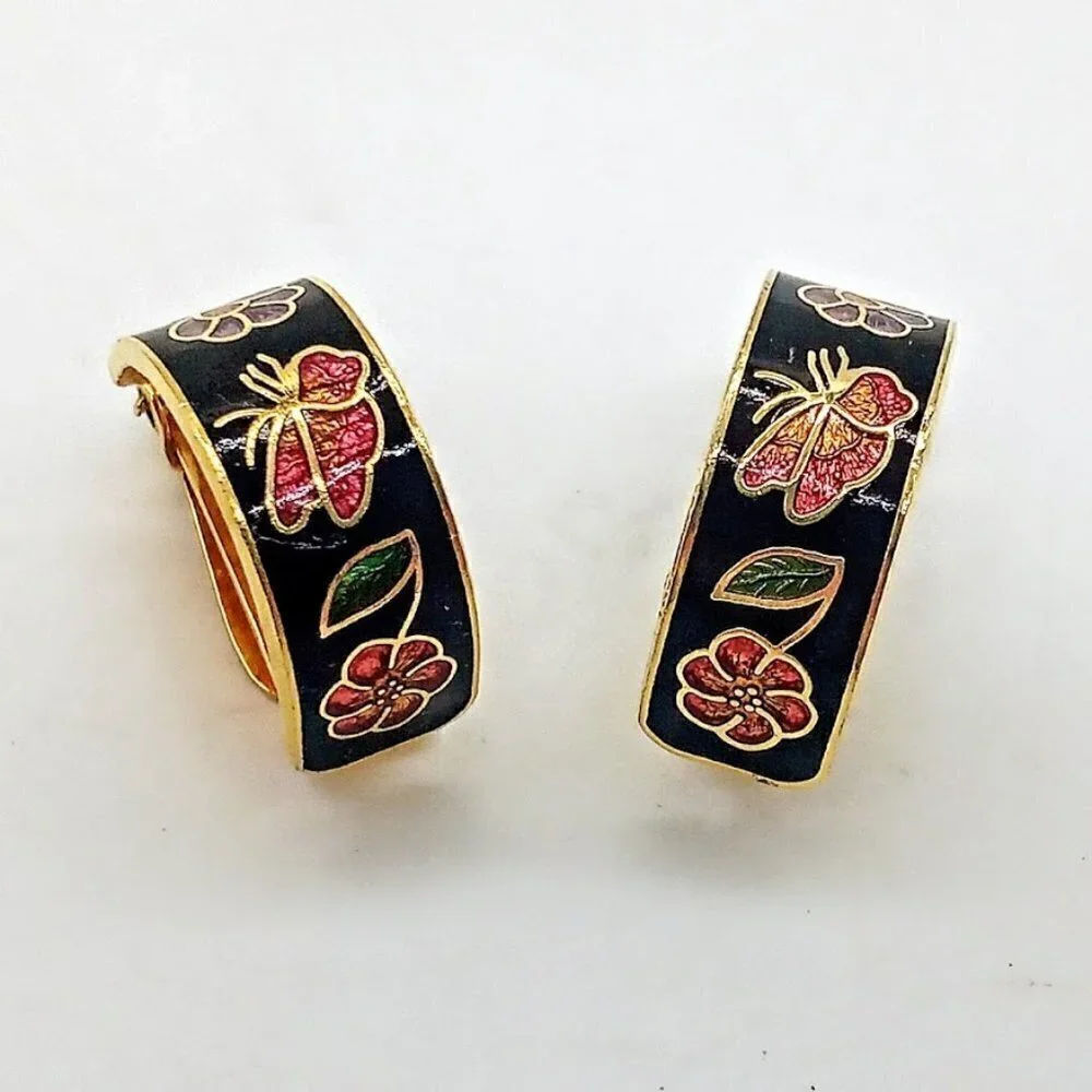 Vintage Black Multicolor Butterfly & Flower Cloisonne Hoop Clip Earrings